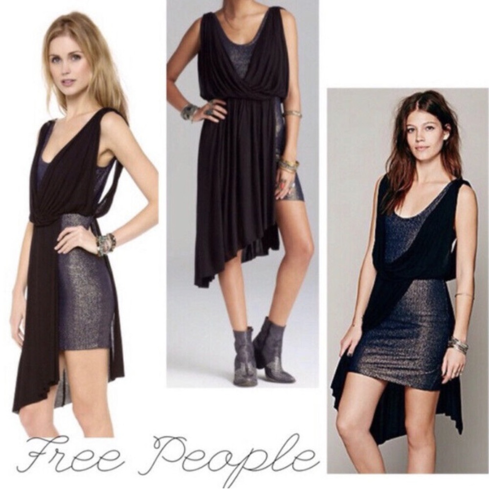Free People Foiled Eleanore Mini
Asymmetrical Dress Navy Blue/Black Combo (M)